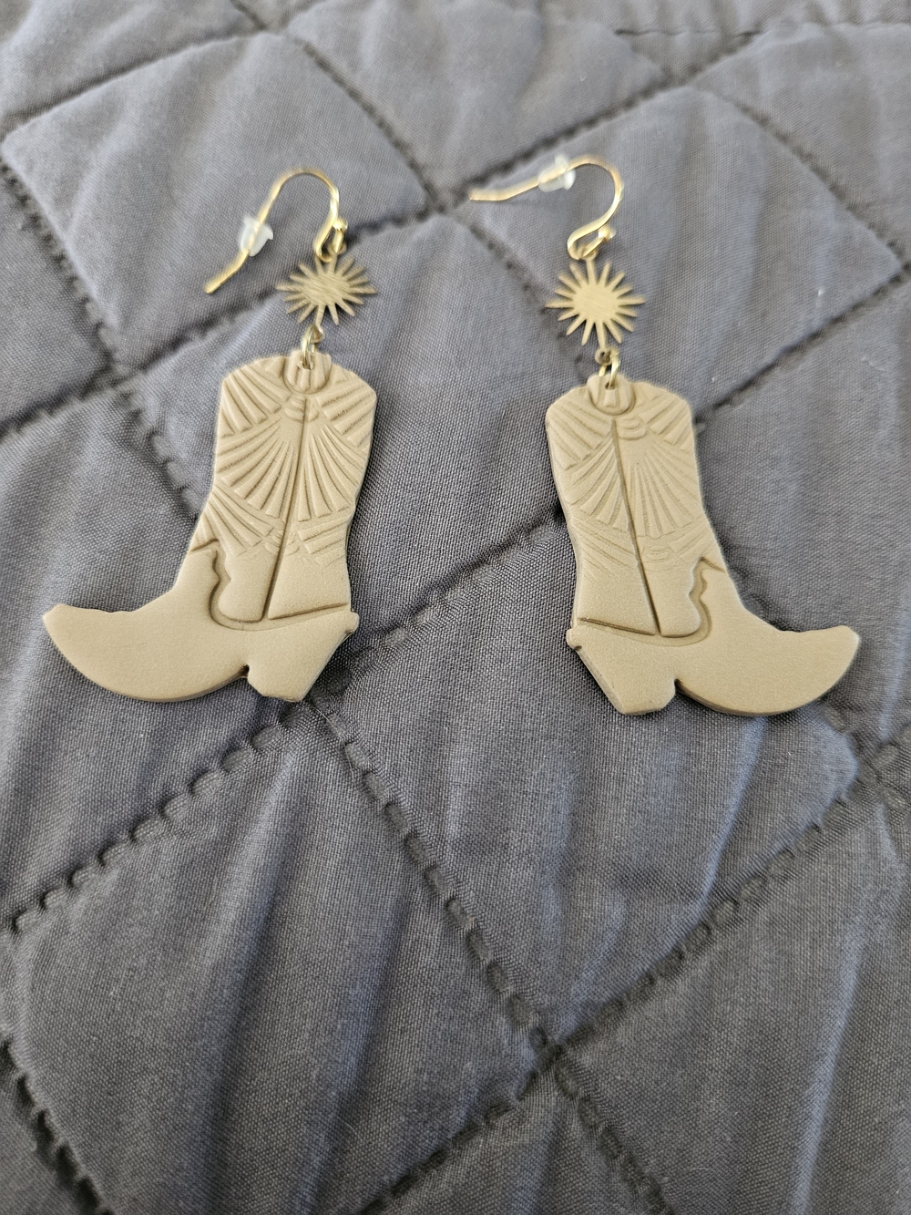 Handmade Neutral Cowboy Boot Drop Earrings